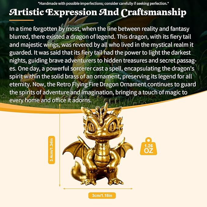 CHOVY Retro Handcrafted Flying Fire Dragon Ornament - 100% Solid Brass Decor | Unique Dragon Sculpture with Flaming Tail & Wings | Vintage Style Collectible Art Piece for Home, Fantasy Lovers Gift