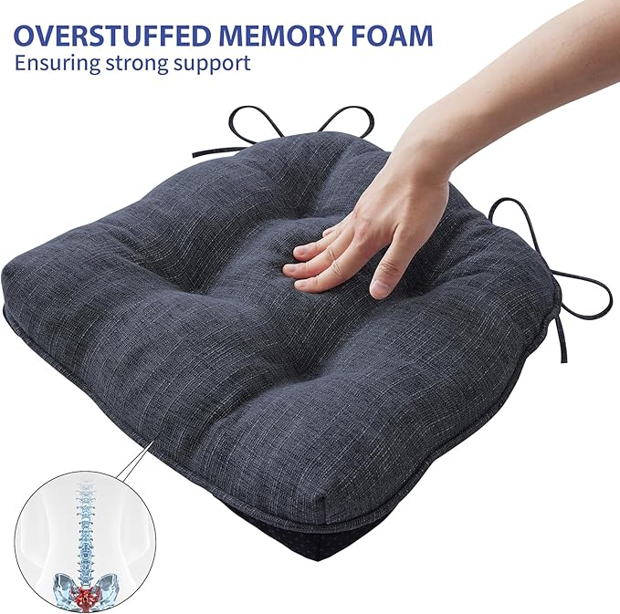 IPYNBAP Chair Cushions for Dining Chairs Set of 4, Kitchen Chair Cushions, Chair Pads with Ties and Non Slip Backing, Tufted Memory Foam Seat Cushion 4 Pack, 18" x 18" x 4", Navy Blue