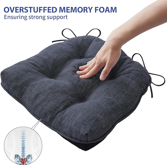 IPYNBAP Chair Cushions for Dining Chairs Set of 6, Kitchen Chair Cushions, Chair Pads with Ties and Non Slip Backing, Tufted Memory Foam Seat Cushion 6 Pack, 15.5" x 15.5" x 4", Navy Blue
