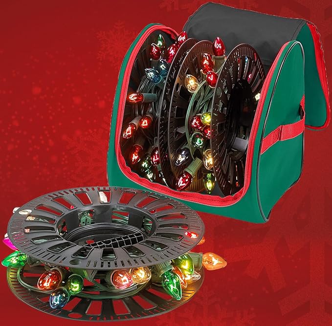 Premium Christmas Light Storage Bag – Heavy-Duty 600D Tear-Proof Material with Reinforced Handles – Includes 3 Reels, Stores up to 375 Ft of Mini Lights & Extension Cords – Green with PVC Lining