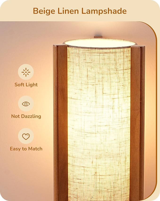 EDISHINE Wood Table Lamps, 13.5" Small Bedside Lamp, Beige Linen Shade, Rose Wood Cylinder Modern Nightstand Lamp for Bedroom Living Room, On-Off Line Switch, E26 Base (Bulb Not Included), 2Pack