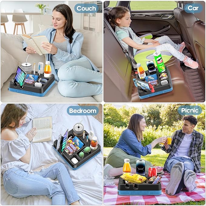 Couch Cup Holder Tray Couch Cup Holder Pillow Bed Tray Snack Sofa Bed Caddy Organizer Beach Sofa Drink Holder Anti-Spill Portable Snack Caddy Couch Remote Holder for Phone Pad Kindle Beverage Blue
