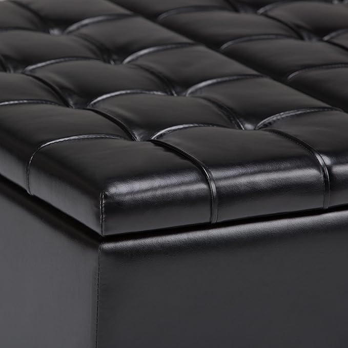 SIMPLIHOME Harrison Coffee Table Storage Ottoman - 36 inch Wide Upholstered Vegan Leather Square Lift-Top Ottoman in Midnight Black, Transitional Ottoman for Living Room with Hidden Storage