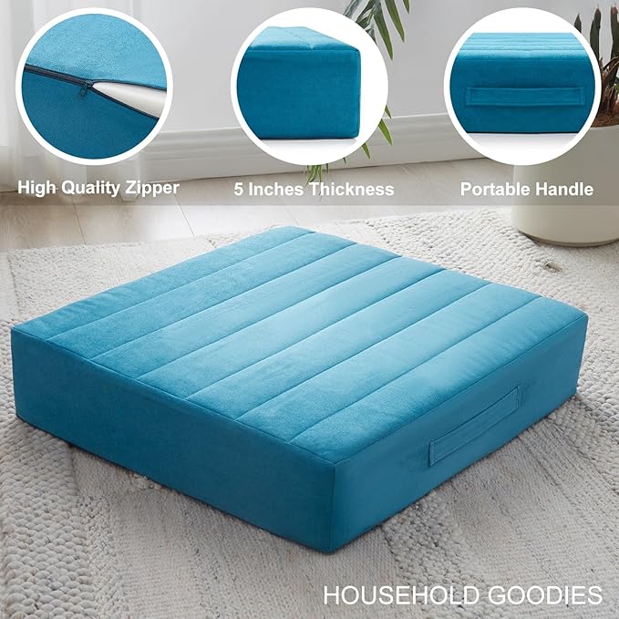JKMAX 2 Pcs High Density Foam Floor Pillow - Upgraded Large Pillows Seating for Adults - Outdoor Floor Cushion with Soft Tufted Cover - Yoga Pillows for Sitting On Floor - 22 Inch Peacock Blue