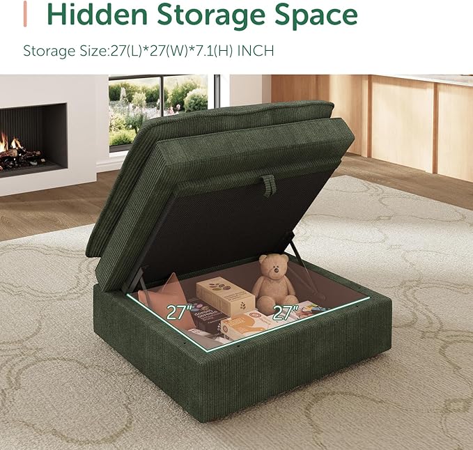 HONBAY Corduroy Ottoman, 31.5 Inch Square Ottoman Bench with Storage for Living Room, Green