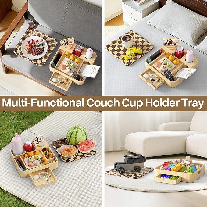 Couch Cup Holder, Checkered Couch Tray Cup Holder Sofa Tray, Large Capacity 2-Tier Wooden Trays with Drawer for Sofa, Bed, Picnic, Drinks, Remote, Cell Phone,TV Trays (Solid Pine Wood)12.5*12.5 in