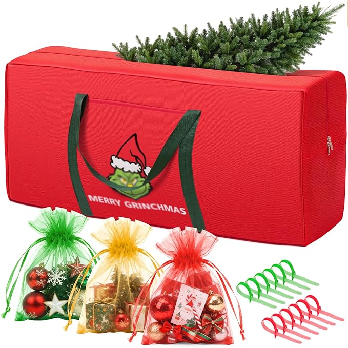 Christmas Tree Storage Bag 6ft Christmas Tree Zipper Bags 600D Oxford Fabric Extra Large Christmas Tree Decorations Storage Container with Reinforced Handles (39x17x11in, Red)