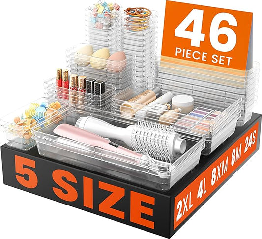 A-LuGei 【46PCS & 5Sizes Clear Drawer Organizer,【Hold 277 Items】 Makeup Organizer, Bathroom Organizers and Storage, Organization and Storage, Organizer Bins for Office Vanity Kitchen Tool Trays