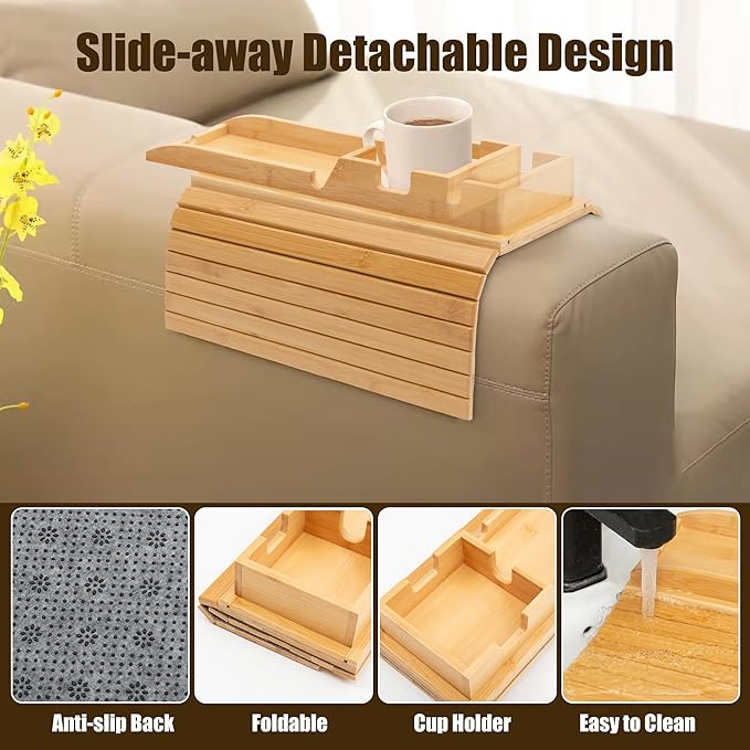 2 Pack Bamboo Couch Cup Holder, Foldable and Anti-Slip Sofa Arm Table with Detachable Sofa Arm Organizer Tray, Portable 2 in 1 Sofa Armrest Tray for Drink, Coffee, Cup, Remote, Snacks, Phone, Glasses