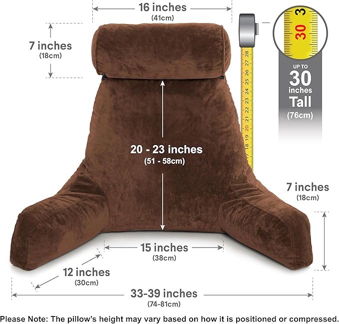 Husband Pillow XXL The Original for Adults - 30" Tall Backrest for Sitting Up in Bed - Firm Support Reading & Bed Rest Pillows for Adults, Neck Roll, Removable Cover - TV - Chocolate