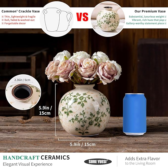 for Mom from Daughter or Son, Green Pastoral Round Ceramic Vase 5.9”, Vintage Floral Rustic Farmhouse Vase, Chinoiserie Tuscan Cottage Core Decor for Living Room, Office