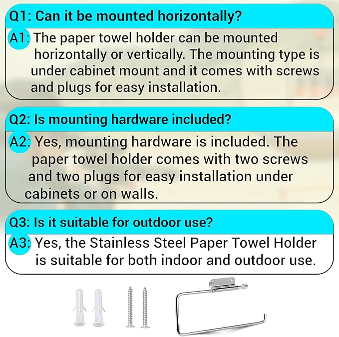 ARSUK Stainless Steel Paper Towel Holder – Wall Mounted or Under Cabinet – Rustproof Kitchen Roll Organizer for RV, Bathroom, Garage – Screws Included – 11.4 x 4.7 inch (Chrome)