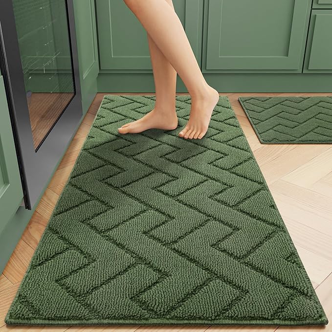 hicorfe Kitchen Rugs and Mats Sets,2 Pieces Super Absorbent Polypropylene Non-Slip Rug,Soft Comfort Floor Mat,Washable for Kitchen,Hallway,Office,Sink,Laundry(20" x 32"+20" x 59",Green)