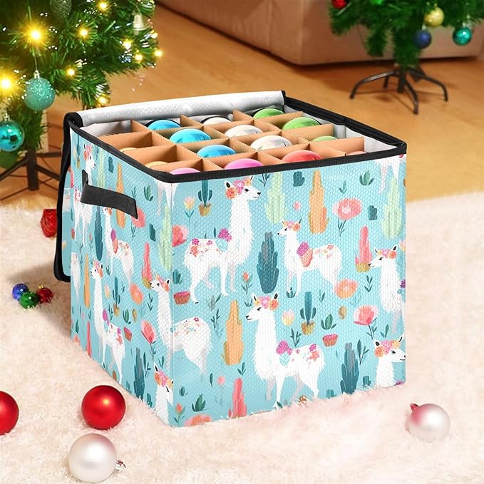 Kigai Alpaca Christmas Ornament Storage Box with Zipper & Adjustable Dividers Holiday Ornament Organizer Xmas Storage Container, 64 Balls