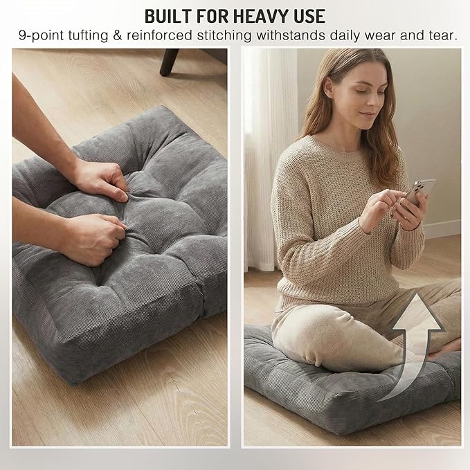 Meditation Floor Pillow Set of 2, Square Large Pillows Seating for Adults, Tufted Corduroy Cushion for Reading Nook, Classroom and Living Room, Grey, 22x22 Inch