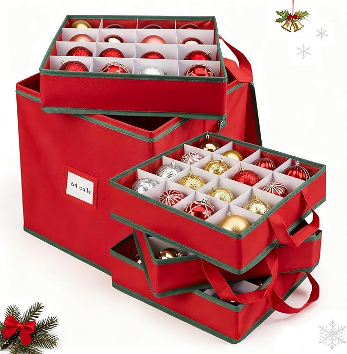 Christmas Ornament Storage Box with 4 Trays, Holiday Decor Storage Organizer for 64 Balls, Zippered Oxford Fabric Bin with Adjustable Dividers & Removable Compartments