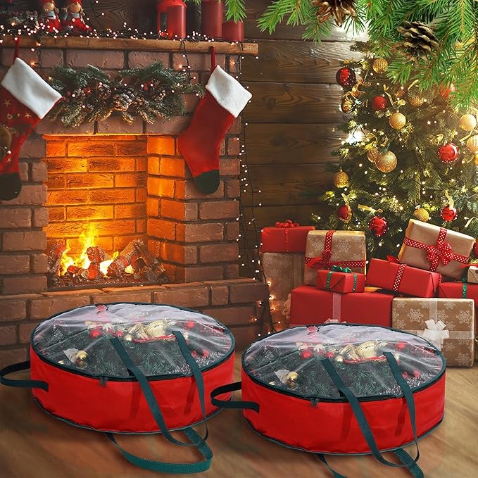 Shappy 12 Pcs Red Wreath Storage Bag Clear Wreath Box Storage Containers with Clear Window and Handle Garland Containers for Holiday Seasonal Bags
