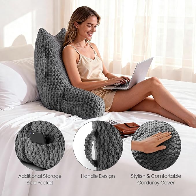 Reading Pillow for Bed Sitting Up, Backrest Pillow with Shredded Memory Foam Filling, Back Support Cushion, Bed Rest Pillow with Arms, Pockets and Washable Cover-Grey