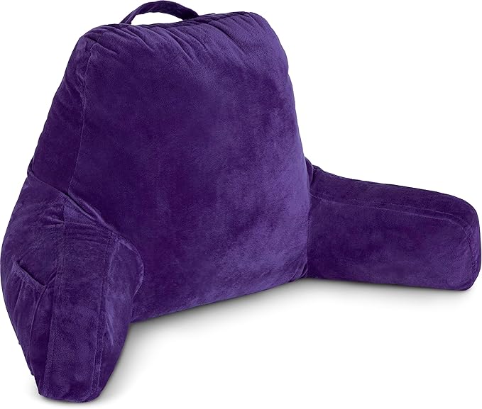 Husband Pillow Reading Pillow with Arms - Standard Backrest for Sitting Up in Bed - Firm Support Bed Rest Pillow for Adults, Neck Roll, Removable Cover -TV, Reading, Lounging - Purple