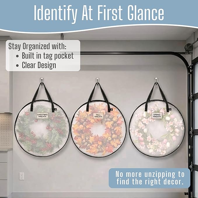VENO 36 Inch Wreath Storage Container, 2 Pack Clear Round Christmas Wreath Storage Bag, Heavy Duty Clear Holder with Wall Hanging Handles