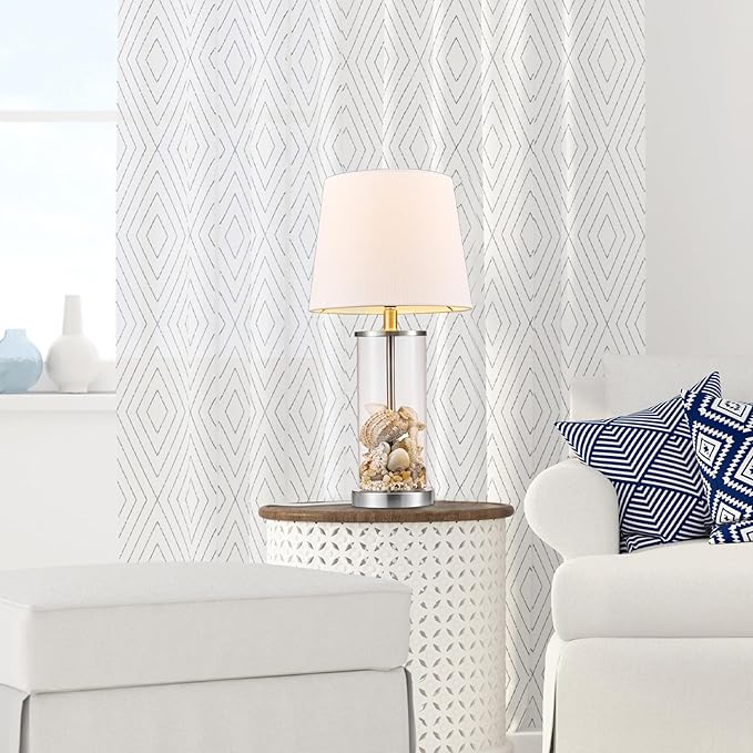 Globe Electric 67155 Maya 21" Fillable Table Lamp, Clear Glass and Steel Base, White Fabric Shade