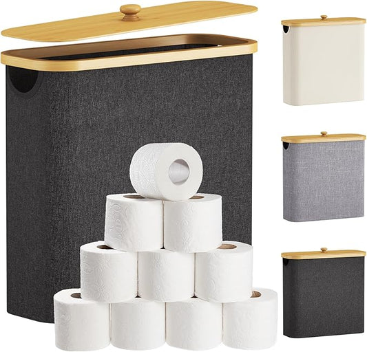 Lifewit Toilet Paper Storage Holder for 12 to 16 Rolls, Free Standing Toilet Paper Basket Stand with Bamboo Lid, Collapsible Fabric Bathroom Organizer Box for Mega Rolls, 30L, Extra Large, Dark Gray