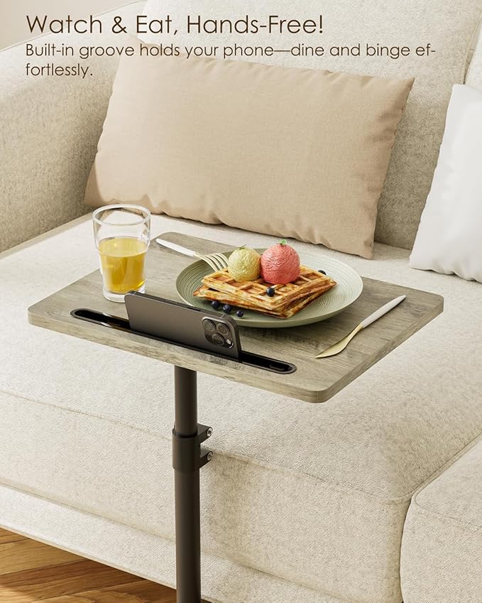 Masupu Sofa Arm Tray Table - 360° Swivel Height Adjustable End Table, Small Snack Side Table for Couch, C Shaped Table for Bed, Chair or TV Tray Table(Greige)