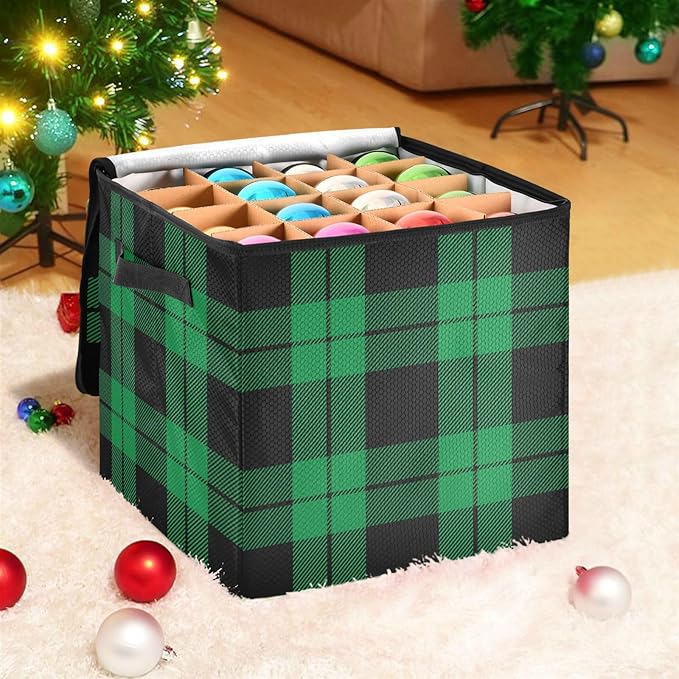 Green Black Christmas Ornament Storage Basket Box Buffalo Plaid Winter Holiday Storage Container Cube with Adjustable Dividers for 64 Holiday Ornaments or Decorations Keeps Clean and Dry