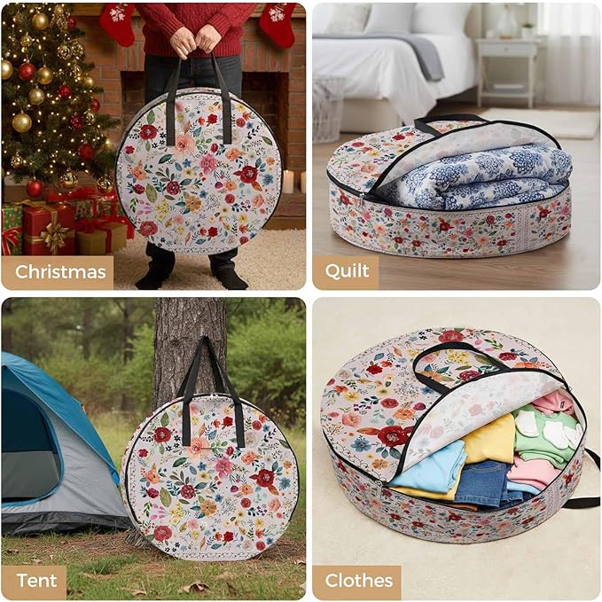 Storage Bag Pink Floral Round Storage Totes Bins Closet Organizers with Zippers & Handle Farmhouse Vintage Flower Clothes Storage Container for Bedroom Dorm Space Saving Packing Supplies Moving Bags