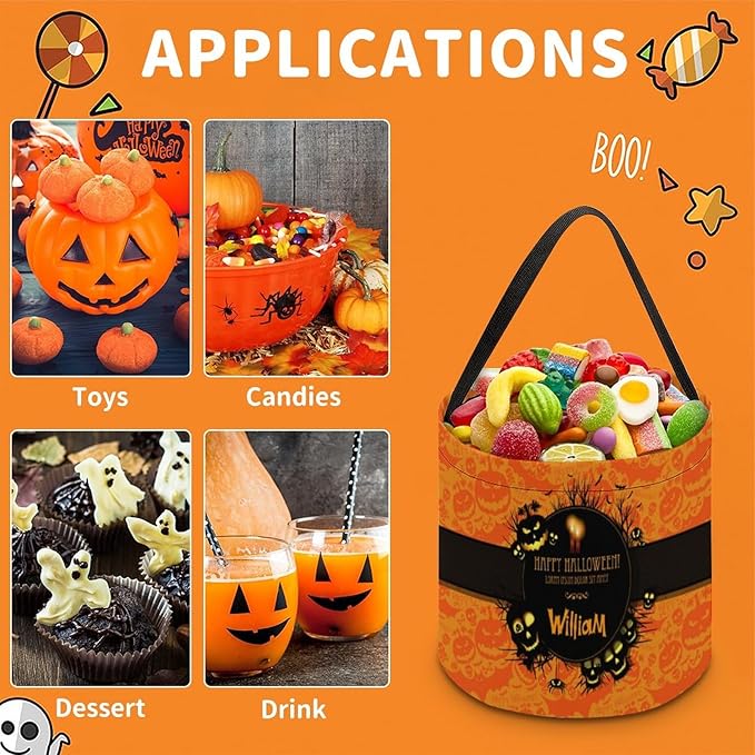 Personalized Halloween Trick or Treat Candy Bag with Name Custom Text Party Tote Bucket Halloween Candy Basket Gift (Bag-5)