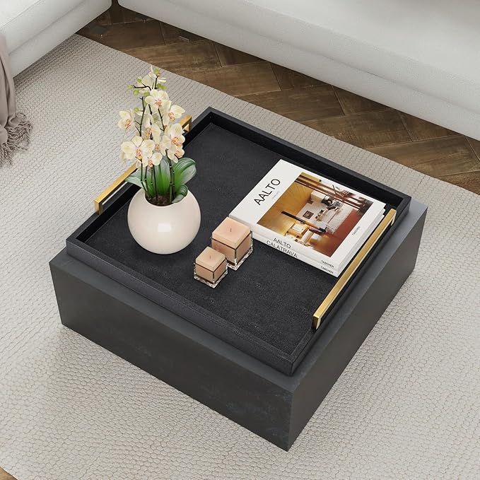 Extra Black Large Serving Tray with Handles for Ottoman,Versatile Shagreen Leather Square Ottoman Tray for Living Room