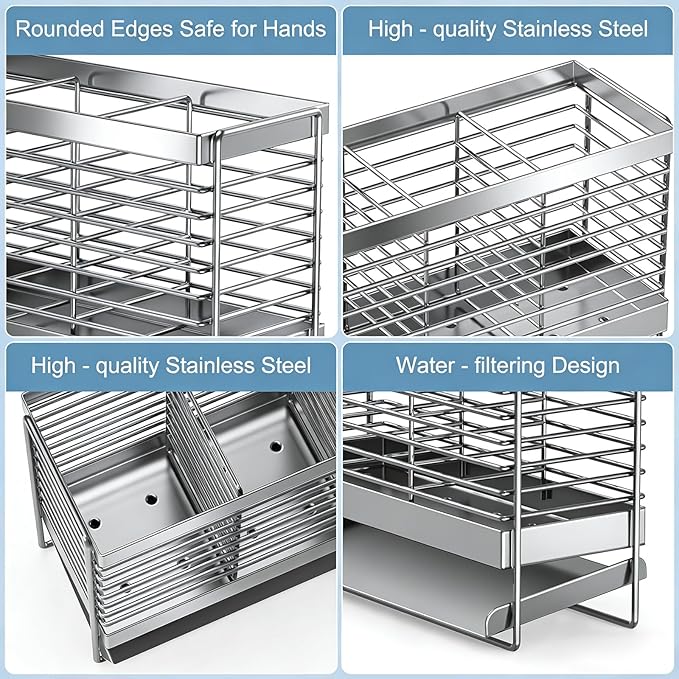 Utensil Holder, Upgrade Stainless Steel Utensil Drying Rack with Automatic Drain Tray for Kitchen Counter, Silverware Cutlery Organizer for Spoons, Forks, Knifes, Chopsticks (Silver)