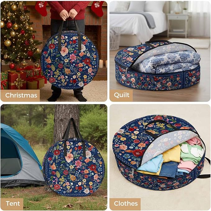 Storage Bag Navy Blue Floral Round Storage Totes Bins Closet Organizers with Zippers & Handle Farmhouse Vintage Flower Clothes Storage Container for Bedroom Dorm Space Saving Packing Supplies Bags