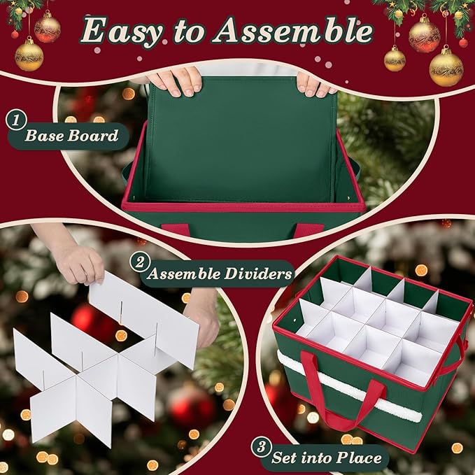 Christmas Ornament Storage Box with Adjustable Dividers Zippered Top Stores up to 36 Holiday Ornaments (4 Inch) Xmas Ball Decorations Organizer Storage Container Bin