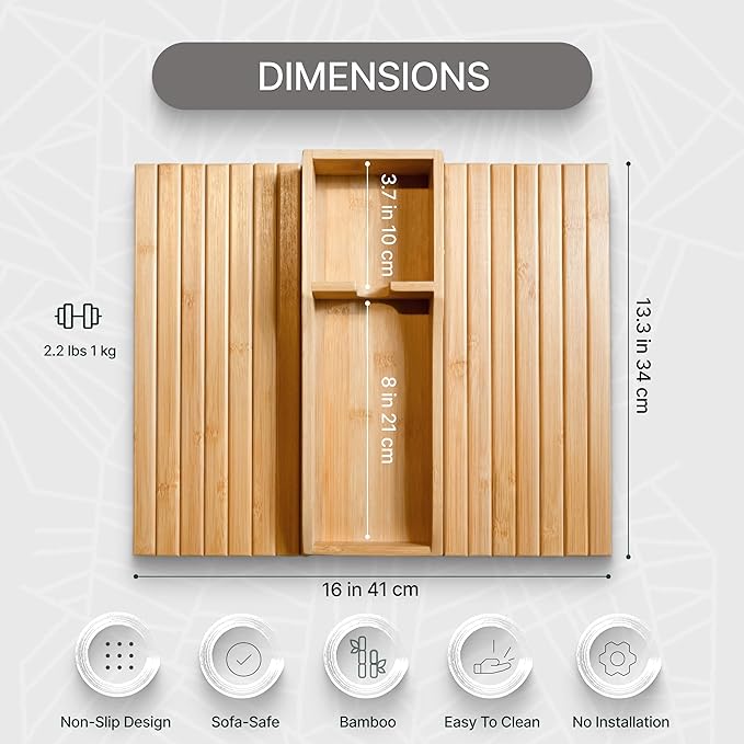 Bamboo Sofa Armrest Tray - Foldable Couch Arm Tray with Cup Holder - 2 in 1 Anti-Slip Sofa Armchair Caddy Table for Drinks, Phone, TV Remote, Snacks