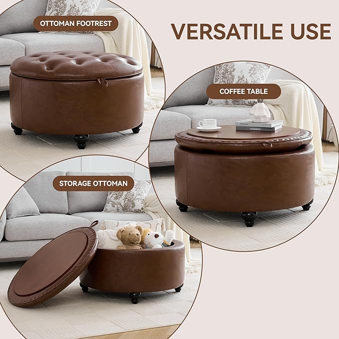 WUTUTUEE 30Inch Round Storage Ottoman with Tray, Modern Tufted Leather Circle Coffee Table with Storage, Upholstered Ottoman with Removable Top for Living Room, Bedroom, Leather Coffee