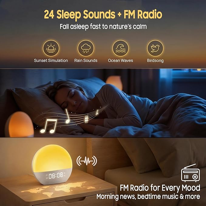Sunrise Alarm Clock & White Noise Machine, Effective Alarm Clocks for Deep Sleepers, Bluetooth Speaker Wake Up Light, Sunset Simulation, 30 Soothing Sounds, FM Radio, USB Phone Charging Port