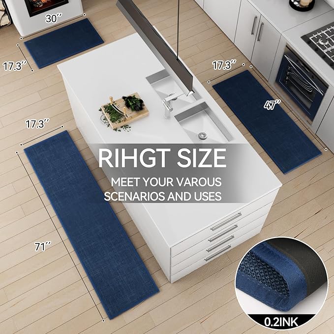 SUMLANS Kitchen Mat Set of 2 PCS, Cushioned Non Slip Rugs for Kitchen Floor, Absorbent Runner Comfort Standing Mats Washable for Kitchen, Office, Home (Dark Blue, 17.3"x47"+17.3"x71")