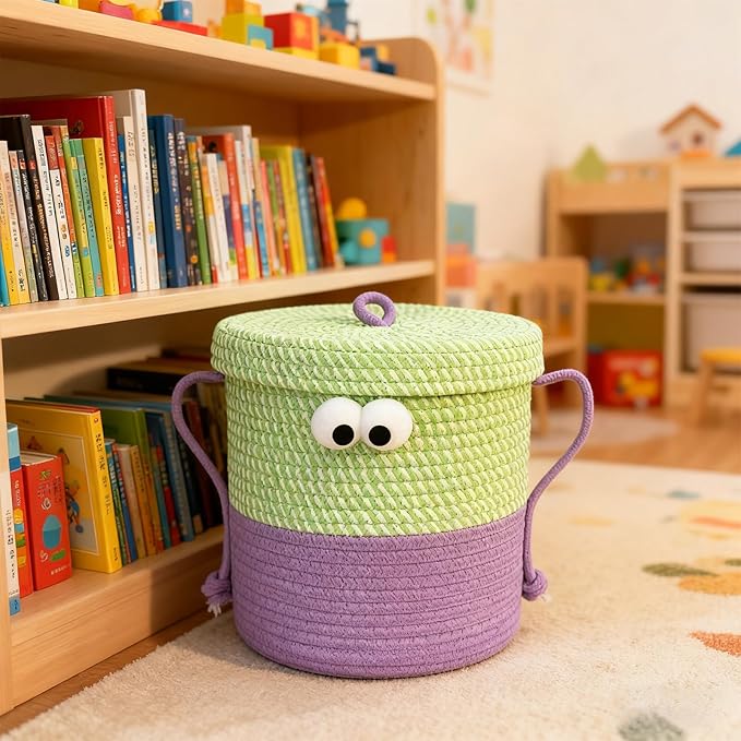 Cotton Rope Storage Basket with Lid & Handles, Cute Monster Decor Basket for Nursery, Toys, Diapers, Baby Shower & Easter Gift, 9.8" x 9.8" (Green & Purple)