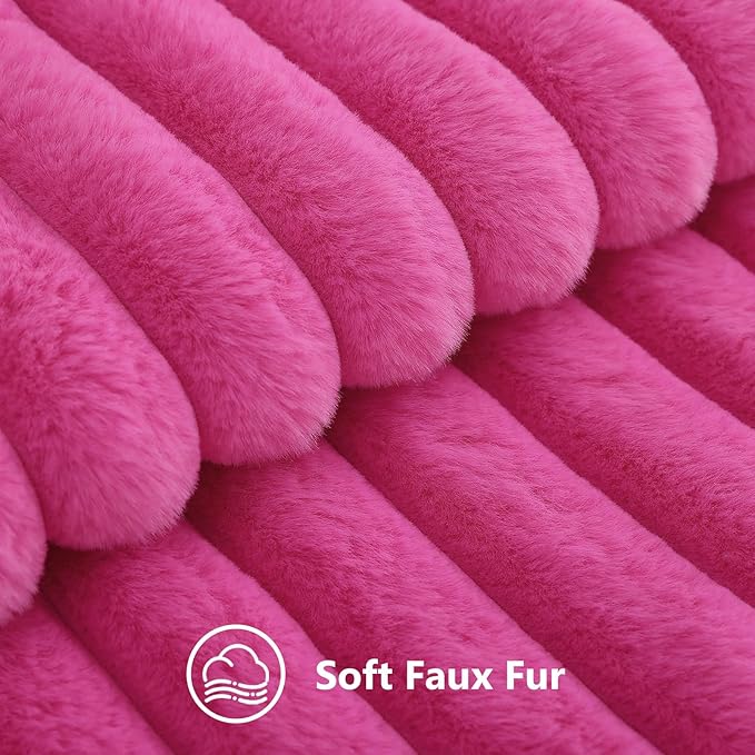 decorUhome Summer Cozy Faux Fur Throw Pillow Covers 12x20 Set of 2 Decorative Soft Plush Striped Lumbar Modern Farmhouse Boho Couch Pillow Cases with Velvet Back for Sofa Bed Living Room, Hot Pink