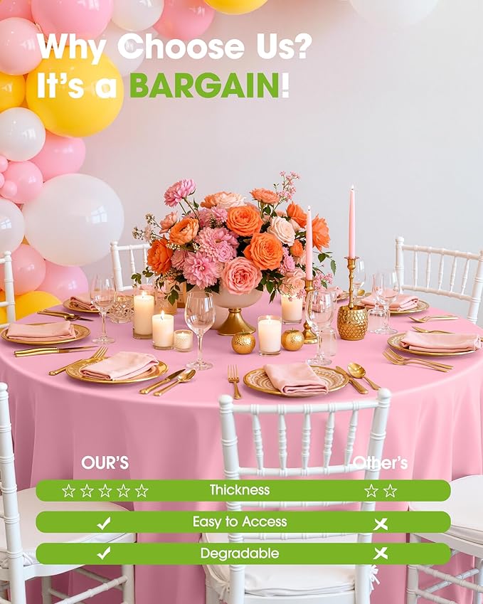 Pureegg Plastic Table Cloth Disposable 10 Pack, 84'' Round Table Cloths, Easter Party, Valentines, Mothers Day Decorations, Tablecloths, Round, Pastel Plastic Cover, Leakproof & Sturdy, Pink
