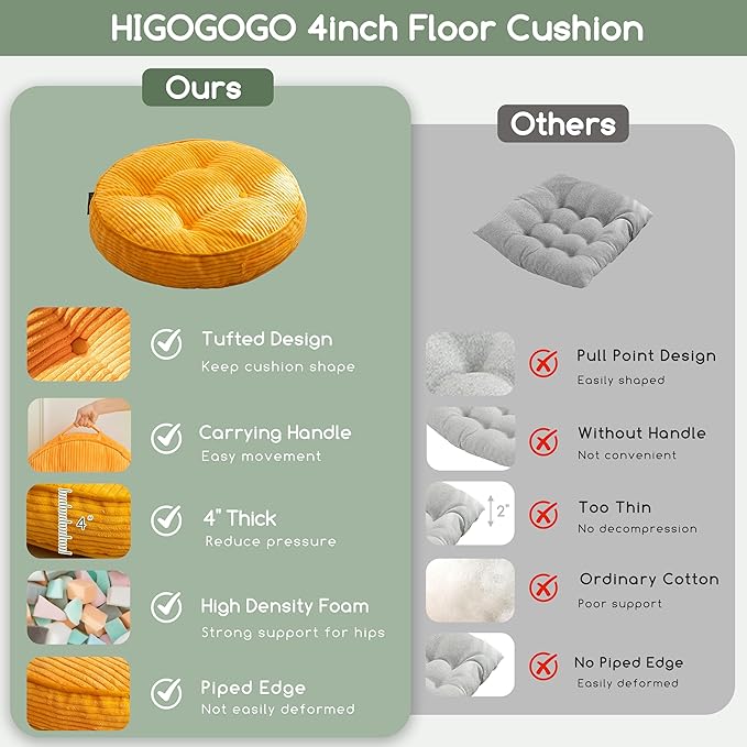 HIGOGOGO Floor Pillow Cushion for Adults, Meditation Cushion Pillow, Large Round Floor Sitting, Tufted Corduroy Cover, for Tatami Living Room or Yoga, 22x22 Inch, 2Pack, Orange