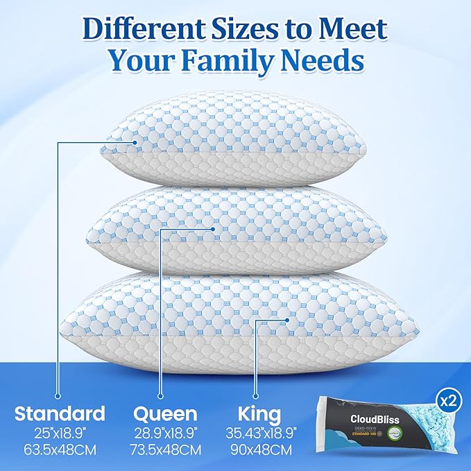 CloudBliss Cooling Bed Set of 2 Pillows for Sleeping, Shredded Memory Foam Pillows with Washable & Breathable Pillowcase, Adjustable Height Pillow for Side, Back and Stomach Sleepers, King Size