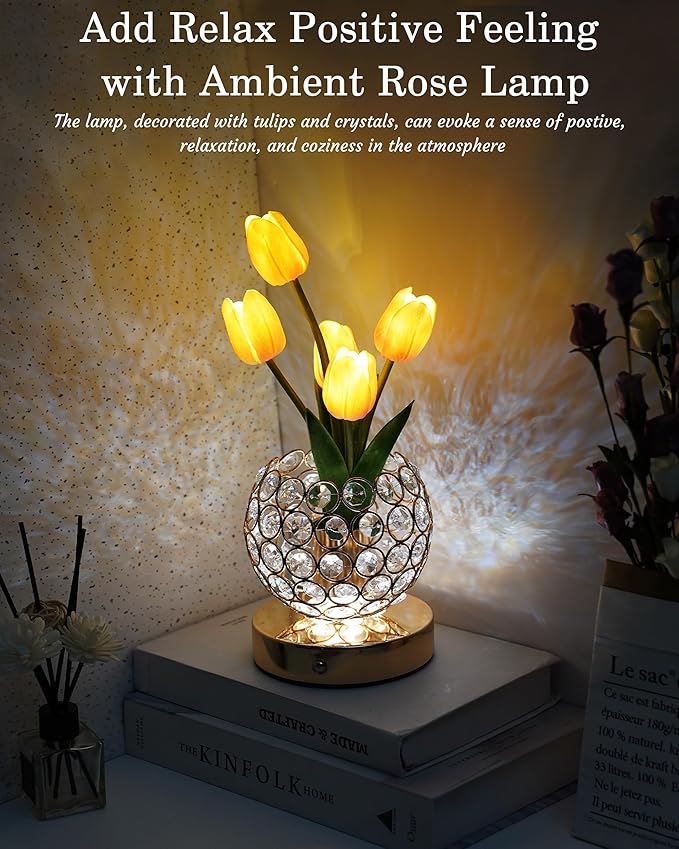Cordless Tulip Flower Lamp, Adjutable Touch Dimming Crystal Night Light with Artificial Tulip Flower, Rechargeable LED Flower with Vase Lamp Romantic Decor for Bedside Nightstand, Gift for Mother