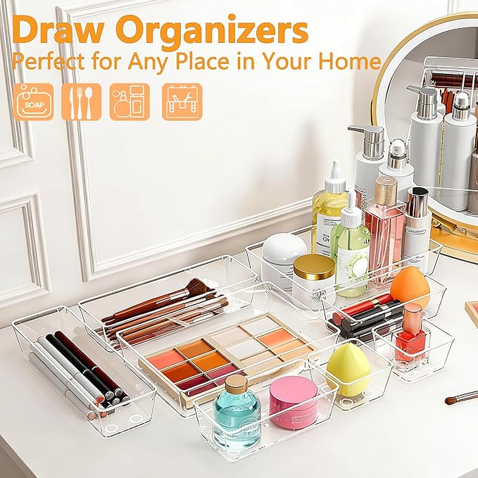 Clear Drawer Organizers Set of 25, 4-Size Vanity Organizer Trays, Stackable Bathroom & Desk Drawer Organizer for Makeup, Jewelry, Kitchen Utensils, Office Supplies and Small Gadgets Storage