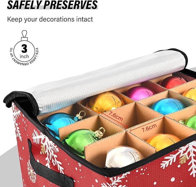 Red Snowflake Christmas Ornament Storage Basket Box Winter Snowman Holiday Storage Container Cube with Adjustable Dividers for 64 Holiday Ornaments or Decorations Keeps Clean and Dry for Next Season