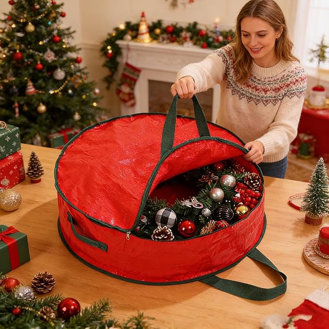 Wreath Box - Christmas Wreath Storage Bag - Waterproof with Sturdy Carry Handle Dust Protection Organizers for Under Bed Toy Storage Home Garage Organization