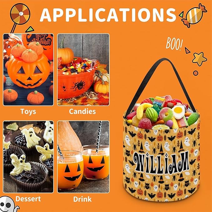 Personalized Halloween Trick or Treat Candy Bag with Name Custom Text Party Tote Bucket Halloween Candy Basket Gift (Bag-4)