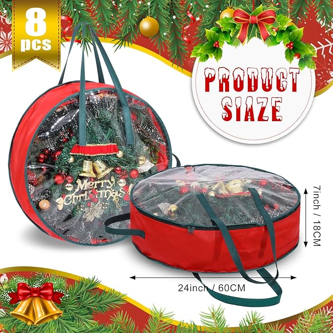 Shappy 8 Pcs Red Wreath Storage Bag Clear Wreath Box Storage Containers with Clear Window and Handle Garland Containers for Holiday Seasonal Bags