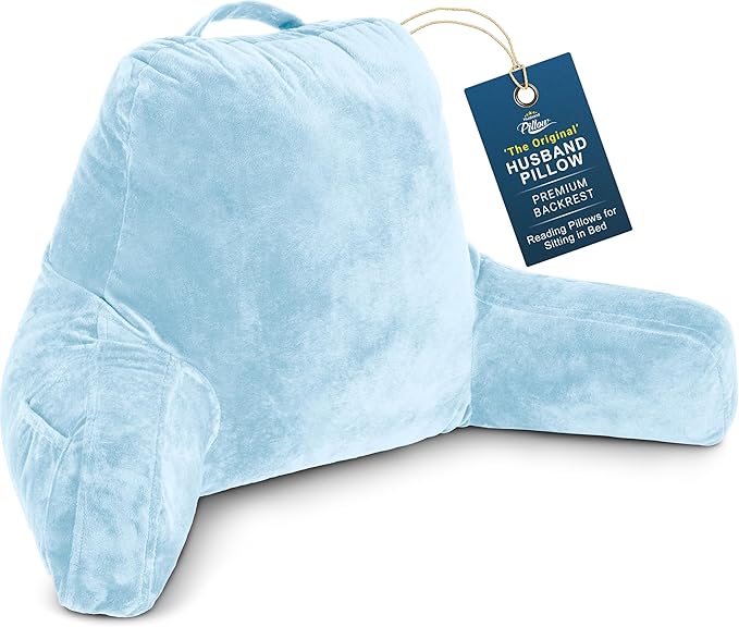 Husband Pillow Sky Blue, Original Reading Pillow in Bed Rest Chair, Shredded Memory Foam Large Lounge Cushion Adult Backrest with Arms, Comfy Back Support for Sit Sitting Up, Wash/Removable Cover